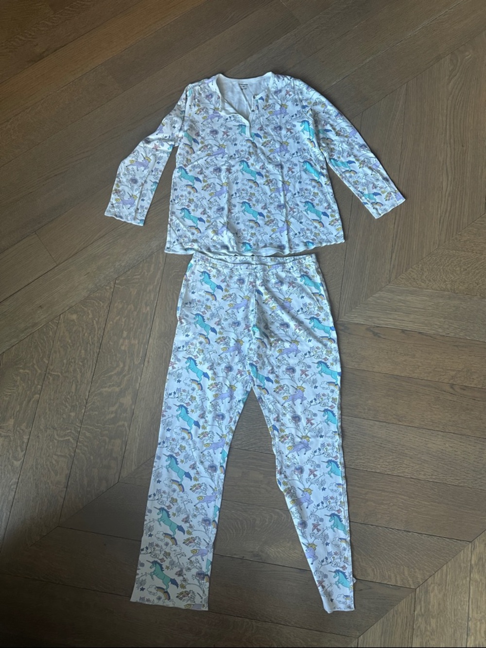 White Unicorn-Print Pajama Set - Soft Long Sleeve & Pants